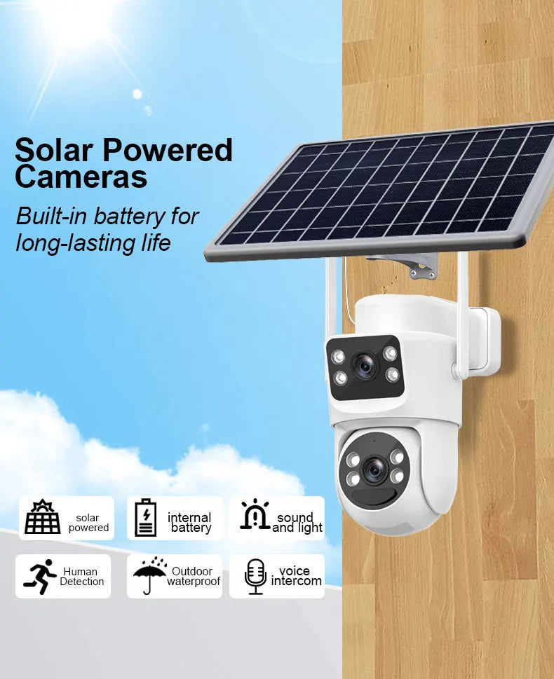 Hongnaer 8MP Dual Lens 4K Wireless WiFi/4G Sim Card Solar Powered Panel IP PTZ Outdoor WiFi Security CCTV Solar Camera