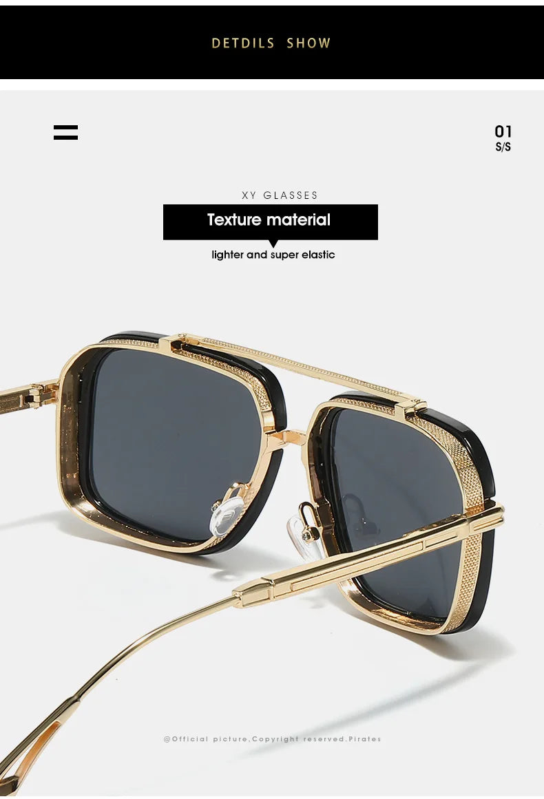 Large Square Sunglasses Men Steampunk Style Metal Pilot Sun Glasses Luxury Designer Brand Eyewear Fashion Shades Double Beam