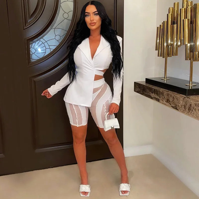 ANJAMANOR Two Piece Club Outfits Women Sexy Asymmetric Blazer and Mesh Shorts Leggings Matching Sets Fall 2023 D58-ED25