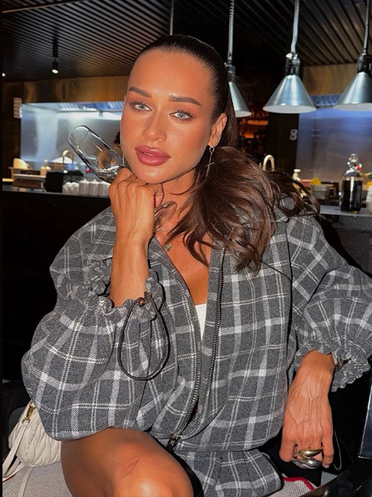 Casual Plaid Shorts Set Women Fashion Lapel Long-sleeved Zipper Jacket Short Pants Suit 2026 Lady Spring New Daily Street Outfit
