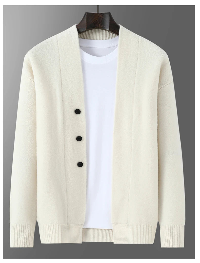 2025 Autumn Winter New Thick Cardigan 100% Pure Wool Men's Versatile Jacket V-Neck Loose Casual Highend Knitted Cashmere Sweater