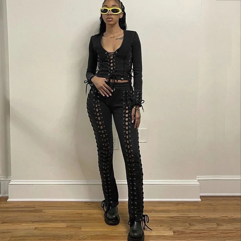 BoozRey Y2k Women Pants Streetwear Low Waist Pant 90s Vintage Clothes Skinny Slim Sexy Lace Up Hollow Out Straight Trousers