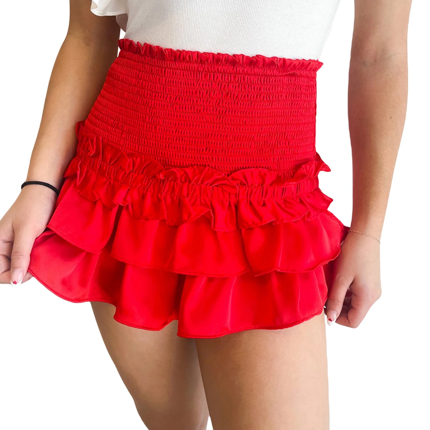 Sweet Tiered Ruffled Short Skirts Women Summer Solid Color Smocked Waist Cute Flowy Mini Layered Skirts