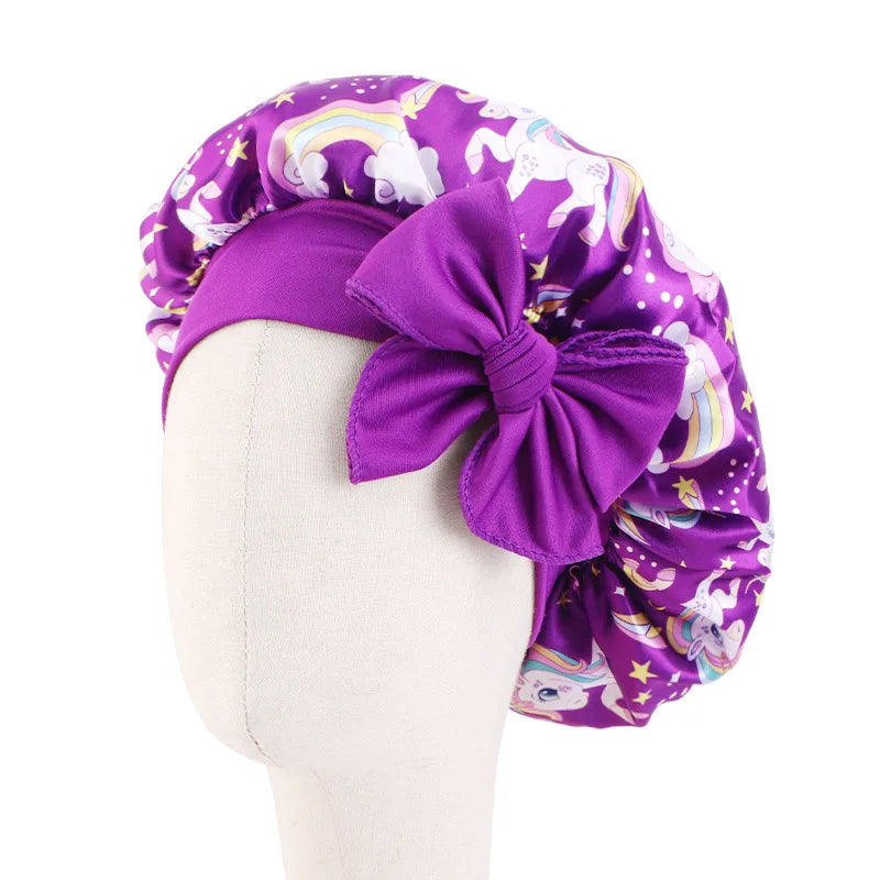 Adjustable Silky Satin Cap  Cartoon Baby Kids Print Satin Bonnet Sleep Hat Cap for Curly Hair