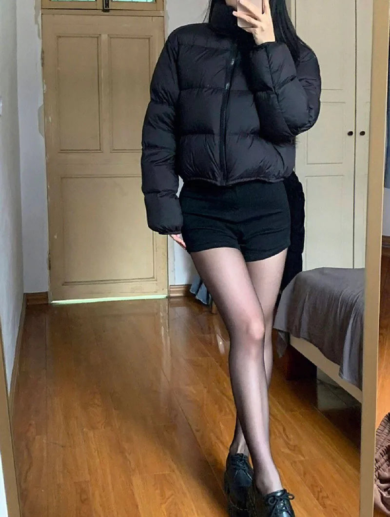 Casual Cropped Parkas for Women Winter New Loose Stand Collar Thick Warm Quilted Jacket Versatile Zipper Long Sleeve Bread Coat
