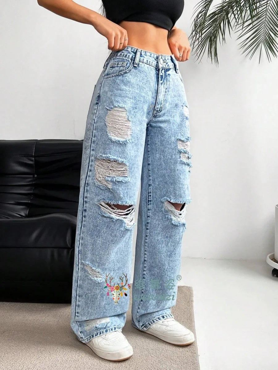 Women's Ripped Boyfriend JEANS Straight Wide-Leg Denim Pants Stretch Holes Denim Trousers Pocket Comfortable High Waist Pants