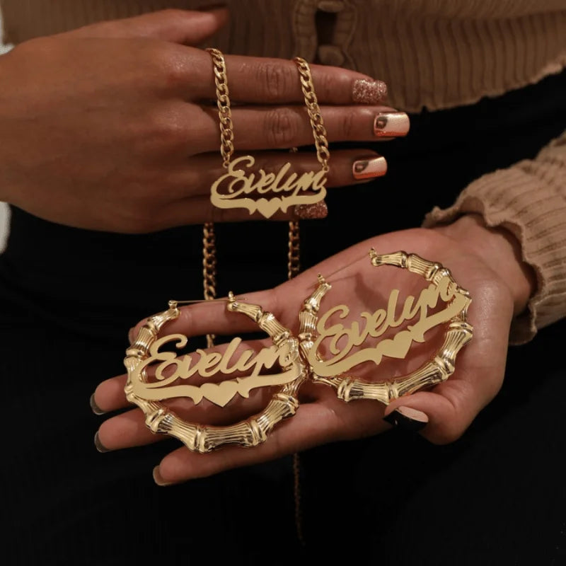 A unique 3-in-1 personalized name bamboo earring and necklace set, customized with Halloween decoration inspiration