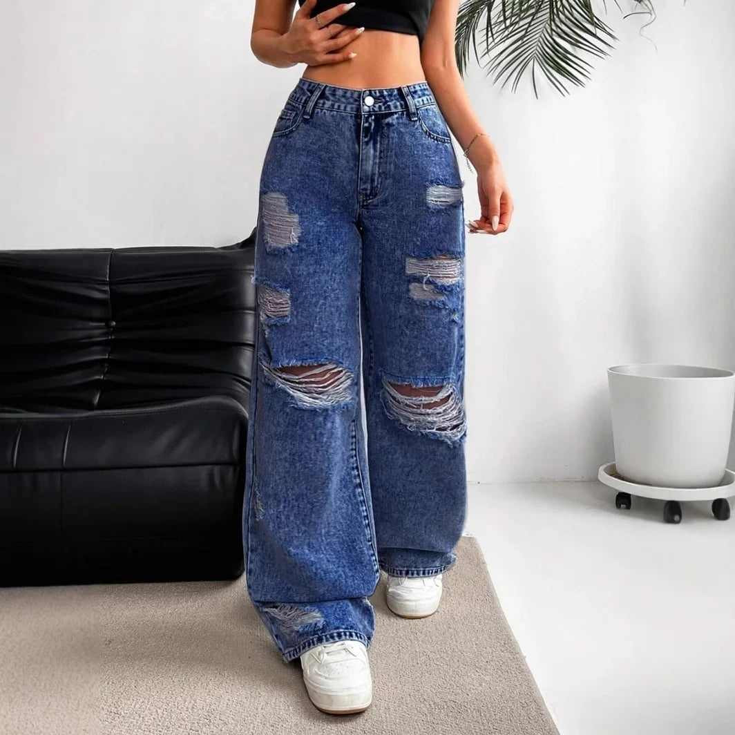 Women's Ripped Boyfriend JEANS Straight Wide-Leg Denim Pants Stretch Holes Denim Trousers Pocket Comfortable High Waist Pants