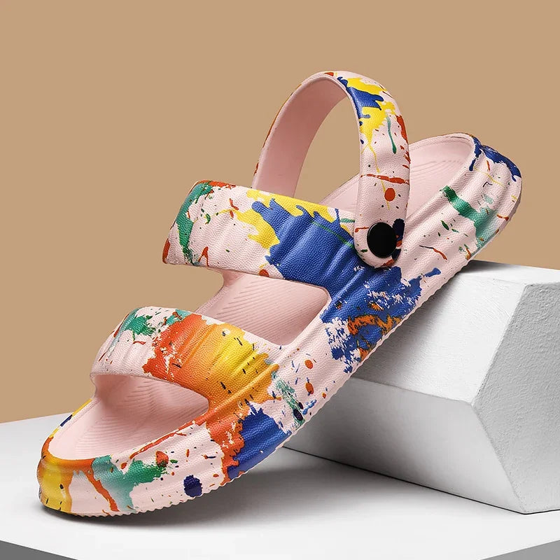 2024 New Thick-soled EVA Cave Shoes Women's Summer Wear Non-slip Beach Soft-soled Semi-Slippers Fashion Printed Sandals