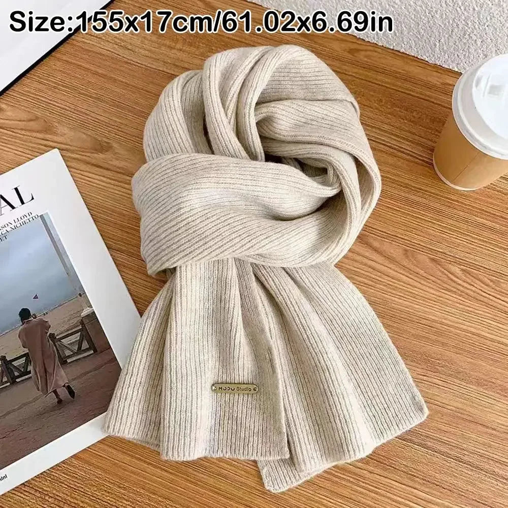 New Korean Style Thick Warm Metal Logo Long Scarf Winter Knitted Solid Color Womens Scarf