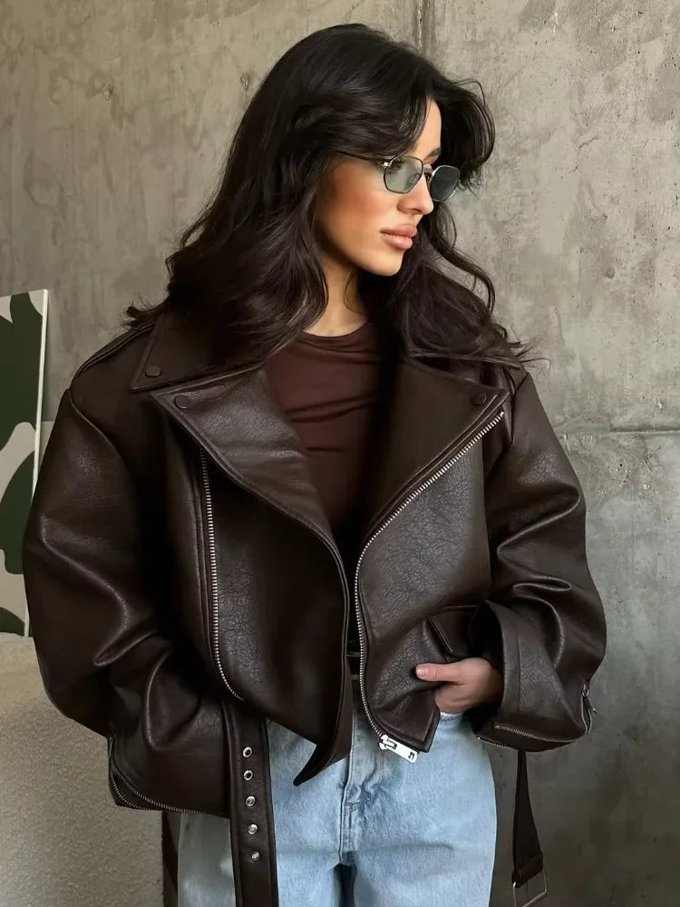 Women's Dark Red Zipper Leather Short Jackets Chic Long Sleeve Lace Up Lapel Loose Button Coat Lady Daily High Street Wear 2025