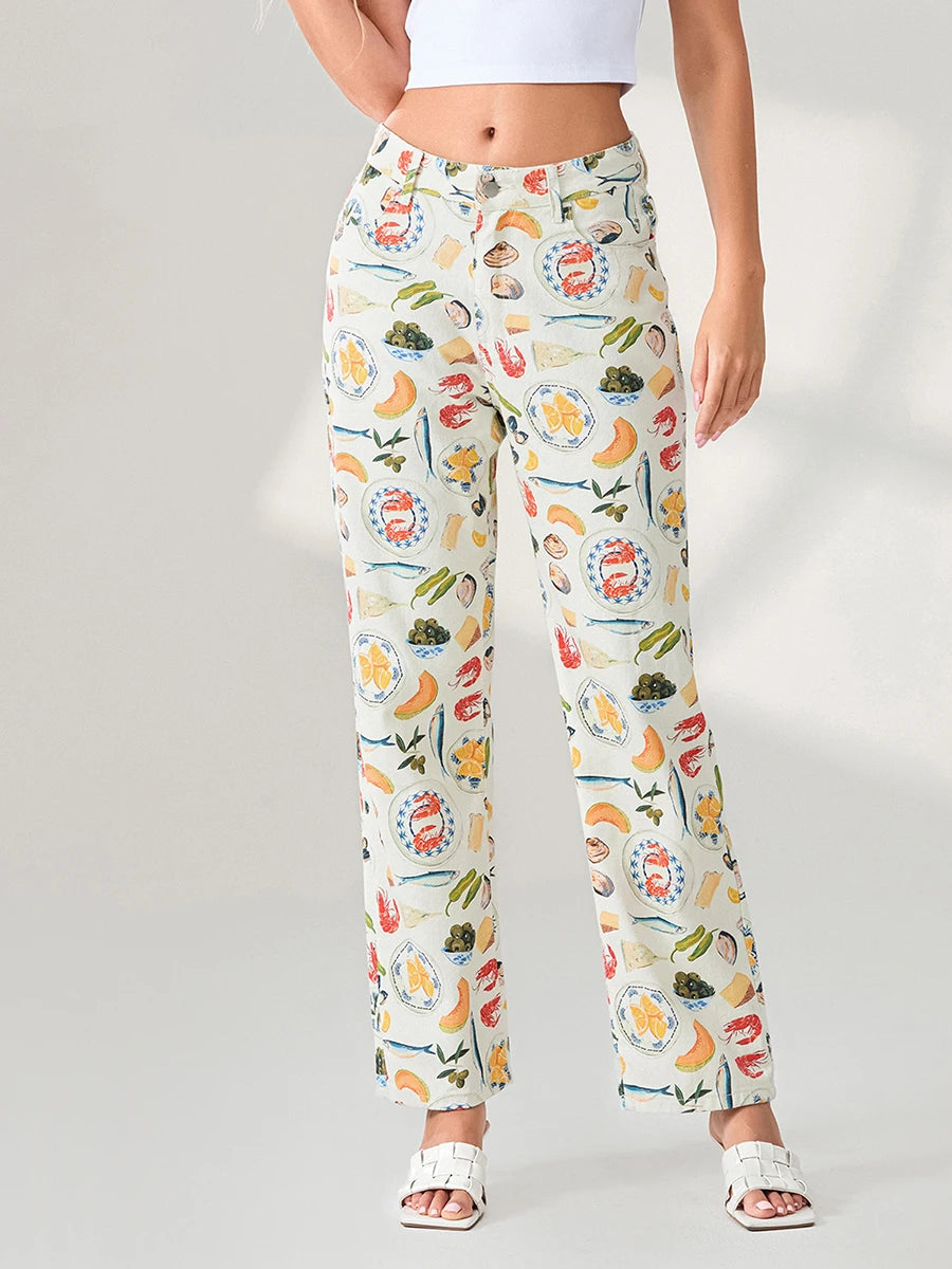 Women Y2k Fruit Print Jeans Pants Graphic Print High Neck Straight Leg Denim Pants Aesthetic Jeans Summer Streetwear