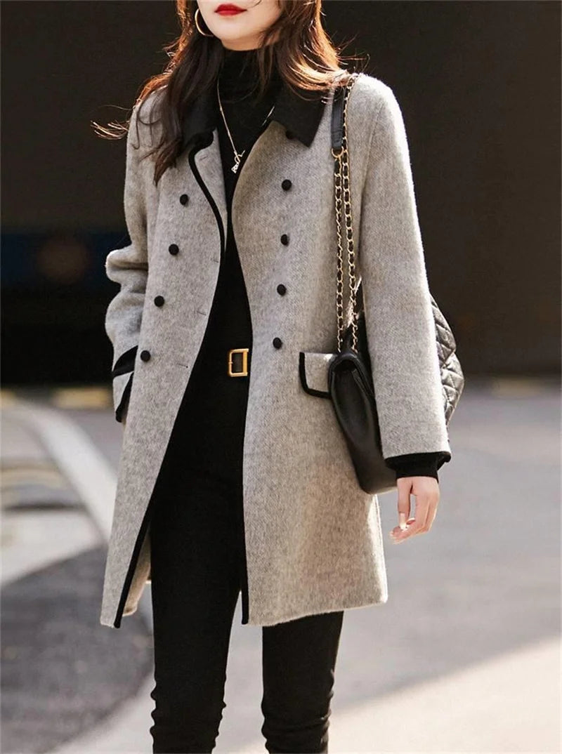 New High Quality Woolen Coat Female Autumn Winter Fashion Korean Slim Casual Versatile Style Contrast Color Wool Overcoat Women