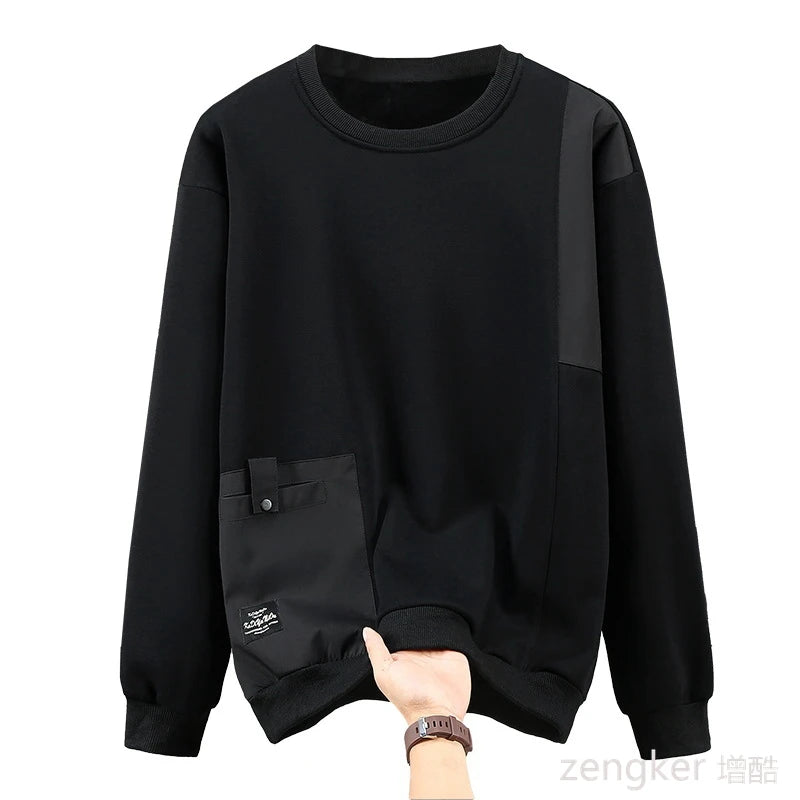Extra-large spring autumn hoodie for men looseness round neck large size casual style patchwork design base shirt for overweight