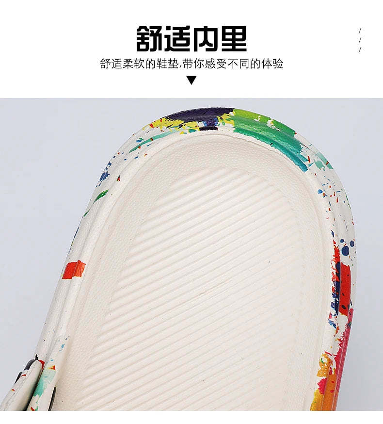 2024 New Thick-soled EVA Cave Shoes Women's Summer Wear Non-slip Beach Soft-soled Semi-Slippers Fashion Printed Sandals