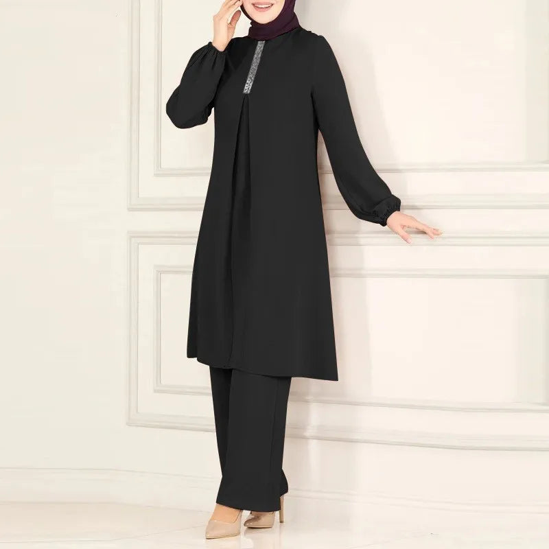Islamic Fashion Clothing Suits for Women Spring Autumn Solid Color Elegant Abaya Long-sleeved Shirt Loose Wide-leg Pant Muslim
