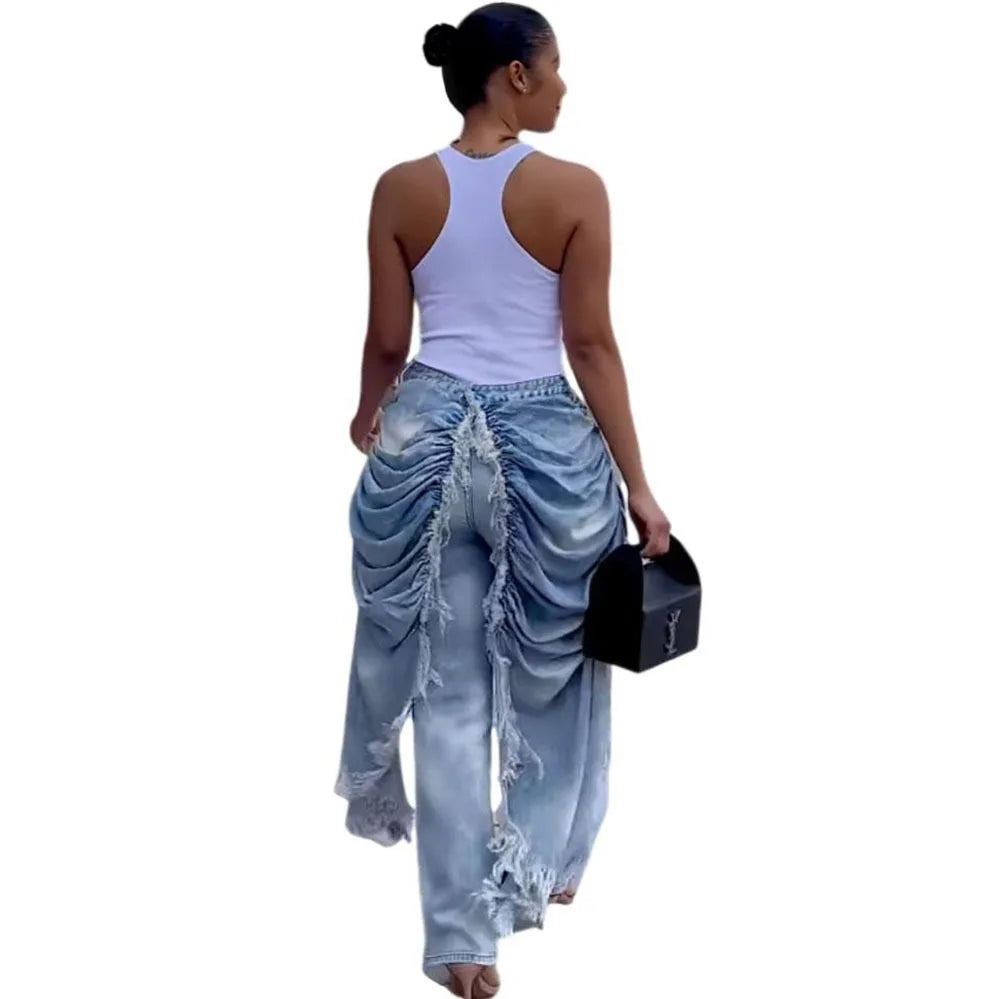 Women Solid Jeans Pants Denim Pleated Trousers Fuzzy Edge Full Lenth Mid Waist Zipper Straight Y2k Streetwear Casual 2026 Spring
