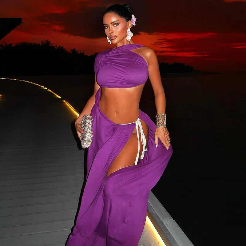 Dulzura 2025 Summer Solid O-Neck Backless Slim Lace Up Side Slit Long Dress Women'S Sexy Elegant Dress Party Club Street Clothes