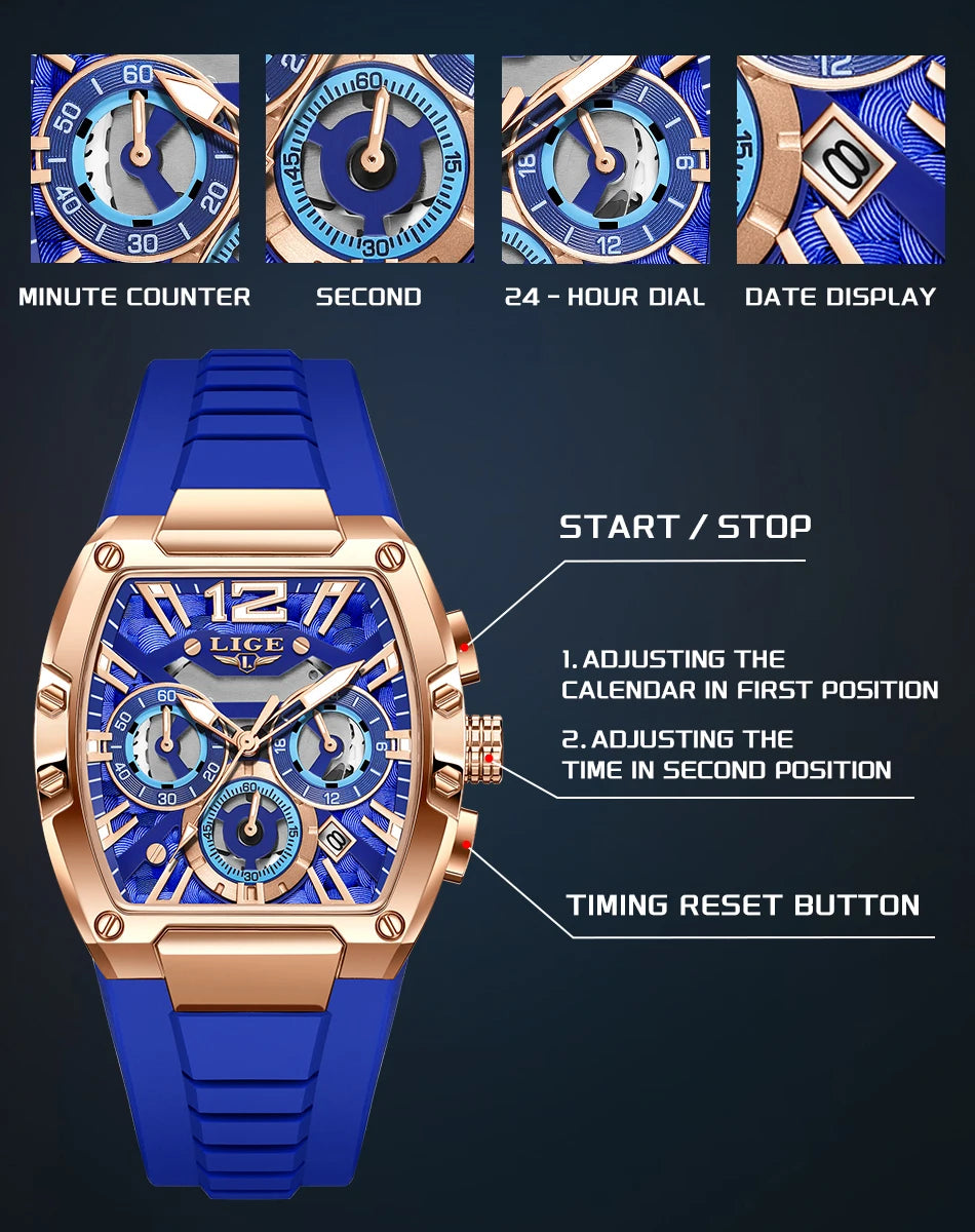 LIGE Original Brand Fashion Mens Watches Sport Military Chronograph Calendar Silicone Strap Quartz Wristwatch Relogio Masculino