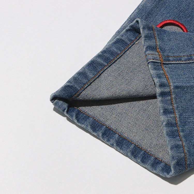 2025 Summer New Fashion Women's Jeans High Waist Straight Wide Leg Embroidery Heart Hollow Out Female Denim Pants