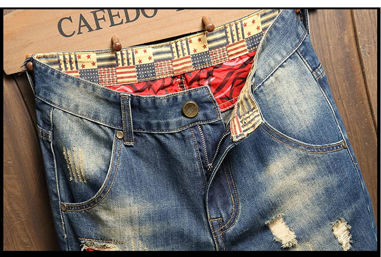 2025 Summer Ripped Denim Shorts Men's Loose Splicing Knee-length Casual Short Jeans Personality Streetwear Hip Hop Male Clothes