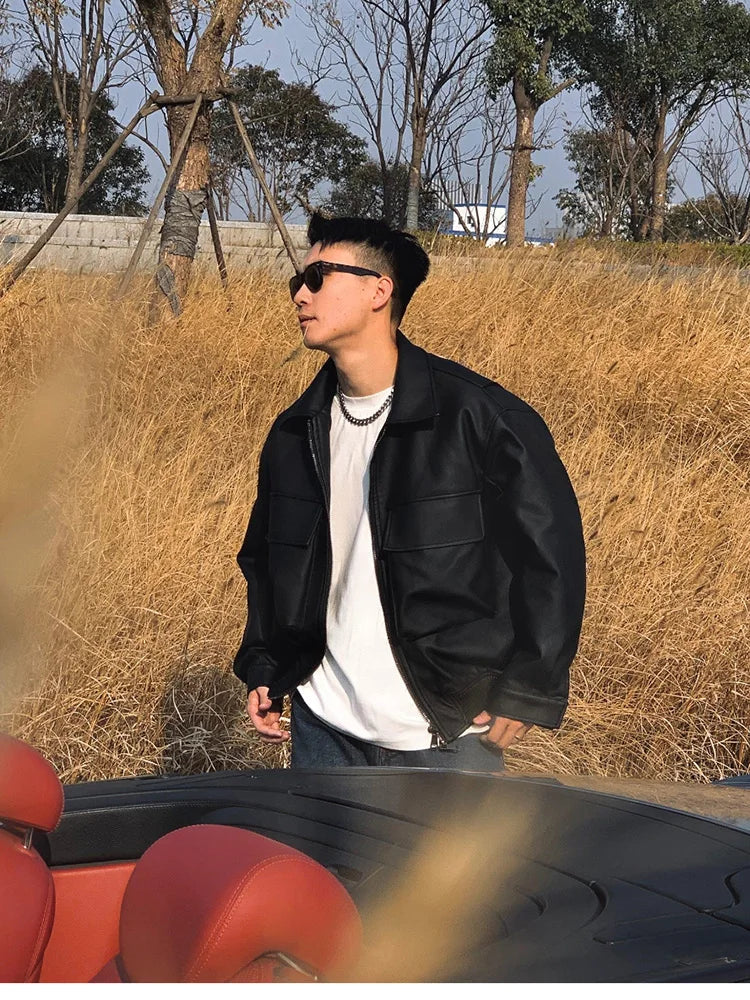 Mauroicardi Spring Cool Handsome Oversized Short Matte Black Pu Leather jacket Men Zipper Pockets Loose Luxury Designer Clothes