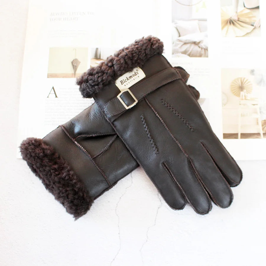 Sheepskin Fur Gloves Men's Thick Winter Warm Large Size Outdoor Windproof Cold Hand Stitching Sewn Leather Finger Gloves