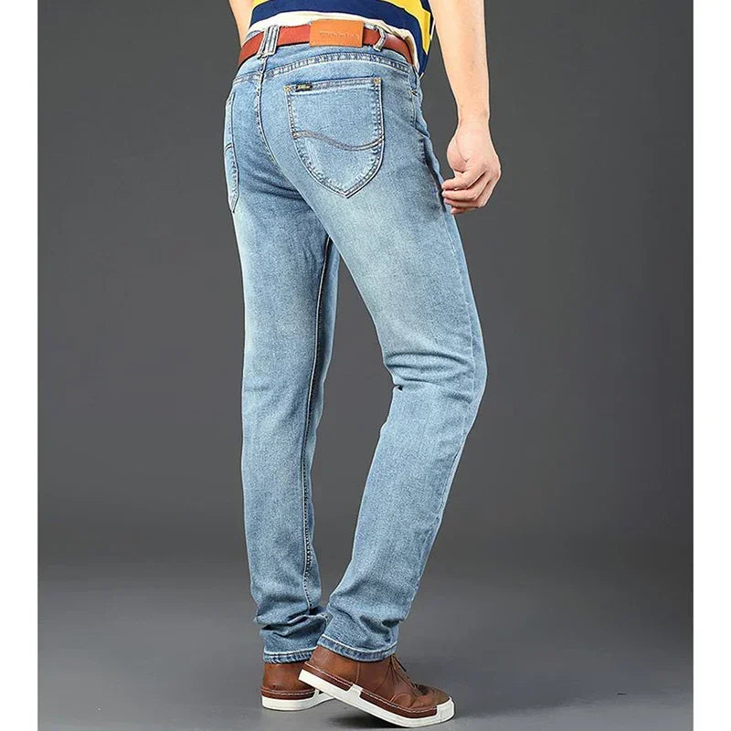 New Men Classic Casual Jeans Male Fashion Business Slim Straight Leg Trousers Stretch Denim Fabric Pants