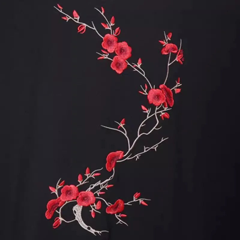 Plum Blossom Floral Embroidery Men Crew Neck Long Sleeve Sweatshirt Oriental Style Casual Pulllovers