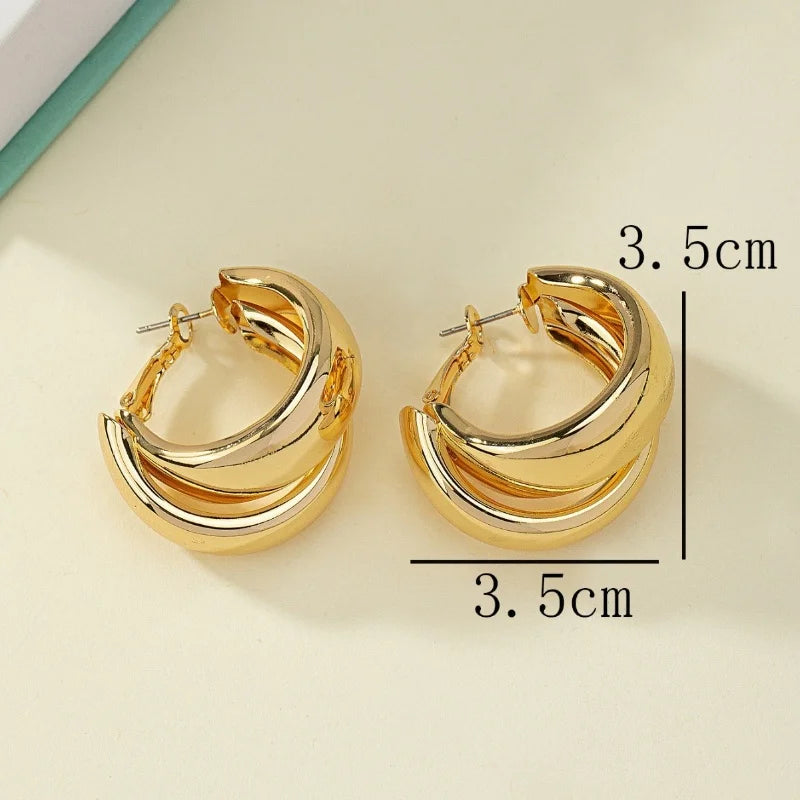 C Shaped Chunky Hoop Earrings for Women Girls Gold Color Double Ring Thick Geometric Drop Earrings Statement Jewelry Gift