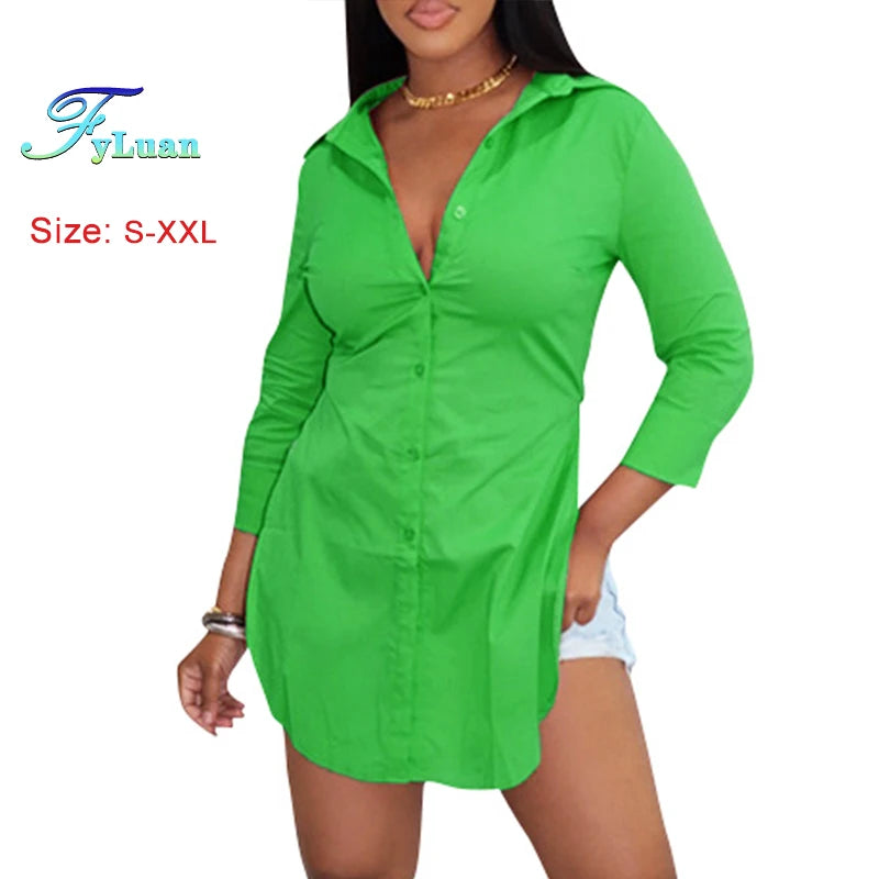 2025 New Casual Women Shirt Solid Color Turn Down Collar One Breasted Female Slit Shirt Long Sleeve Sexy Versatile Commuting Top