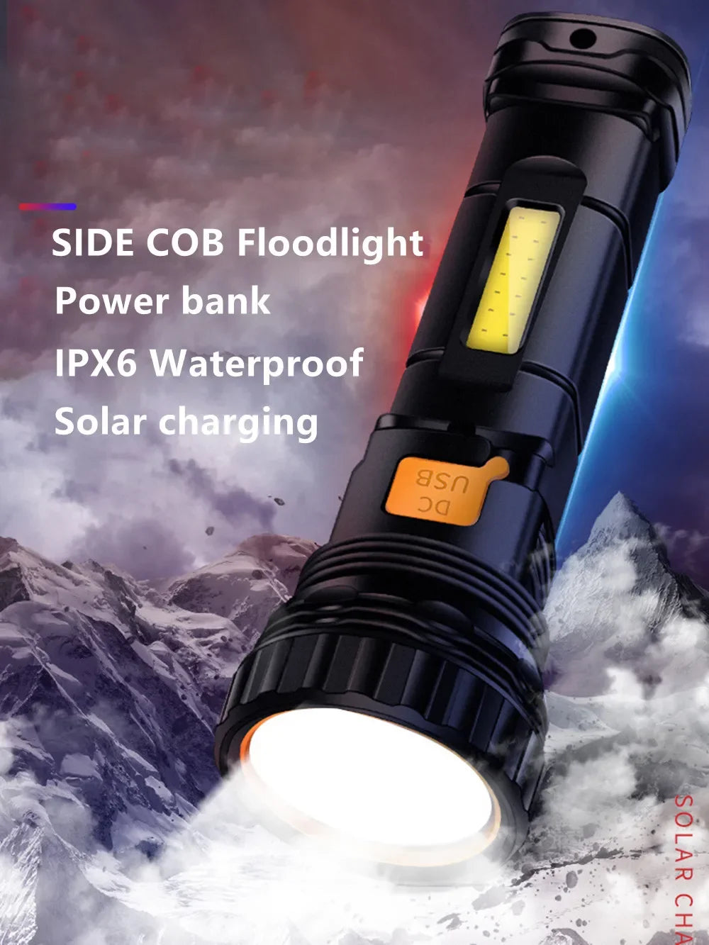 1PC Multi-function Solar LED Flashlight Outdoor Long Range Torch Emergency Power Bank LED Solar Flashlight olight torch