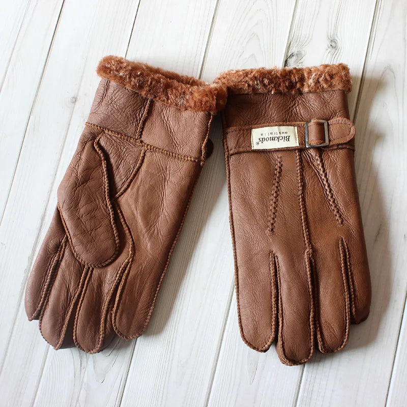 Sheepskin Fur Gloves Men's Thick Winter Warm Large Size Outdoor Windproof Cold Hand Stitching Sewn Leather Finger Gloves