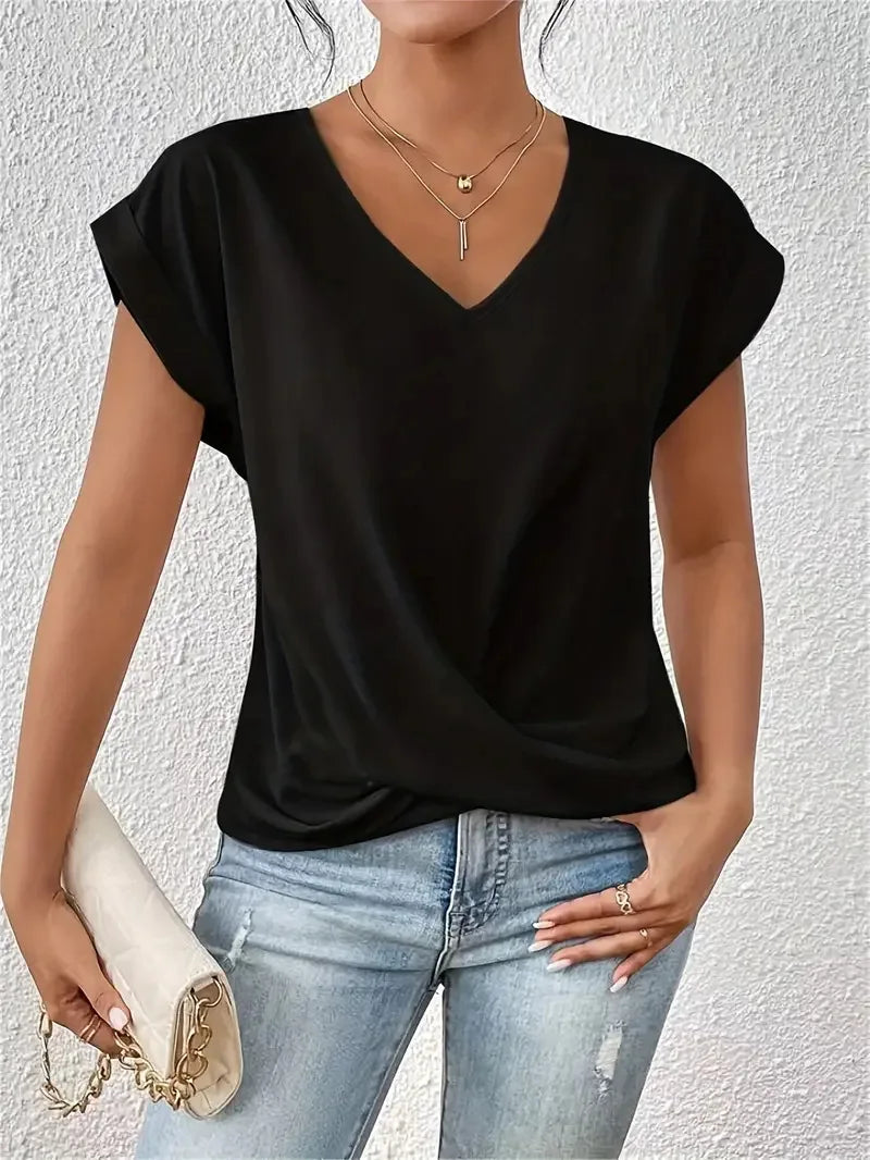 Sexy V Neck Short Sleeve Shirt Blouse Tops Office Lady Spring Summer Casual Loose Solid White Tshirt For Women 2024 Female Tees
