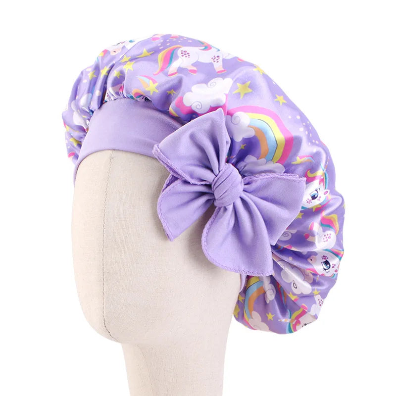Adjustable Silky Satin Cap  Cartoon Baby Kids Print Satin Bonnet Sleep Hat Cap for Curly Hair