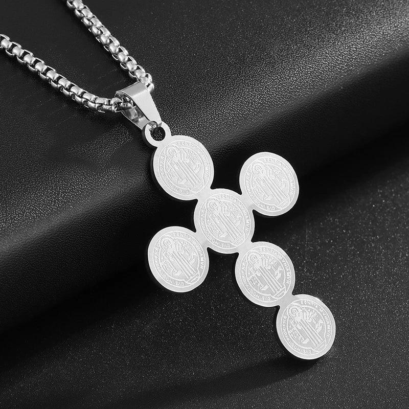 Stainless Steel Christian Saint Benedict Cross Pendant Necklace for Men's Fashionable Retro Religious Lucky Talisman Jewelry