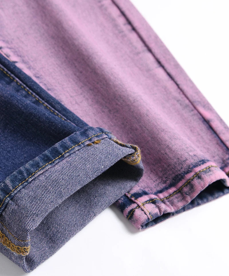 Purple Ripped Men's Jeans Spring Summer Slim Fit Straight Hole Cotton Denim Pants Distressed Destroyed Streetwear 28-40