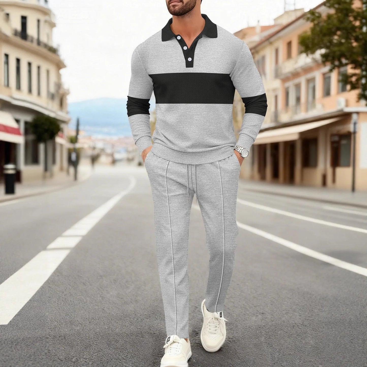 Men's Fashion 2-Piece Outfit Waffle Knit Polo Neck Top & Straight Leg Pants Set Casual Sporty Color Block Tracksuit