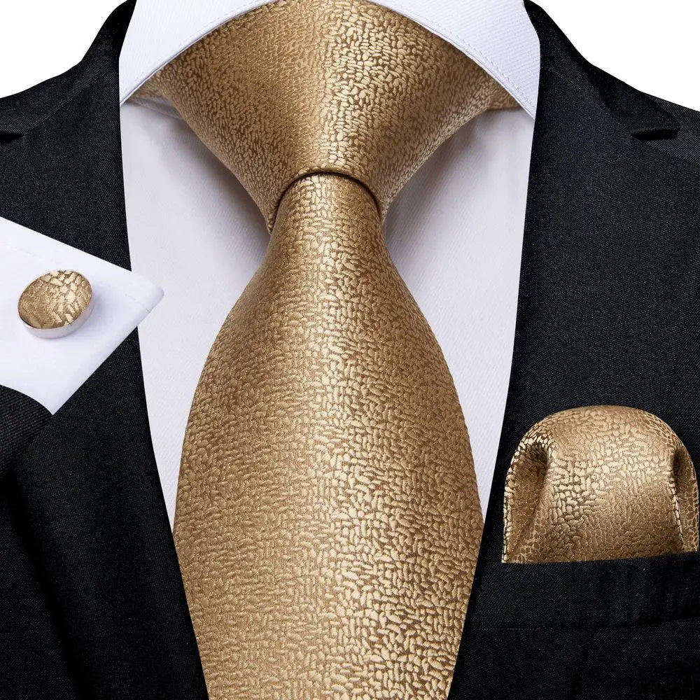 Barry.Wang Orange Brown Silk Mens Tie Hanky Cufflinks Set Gold Coffee Jacquard Designer Necktie For Male Wedding Business Party