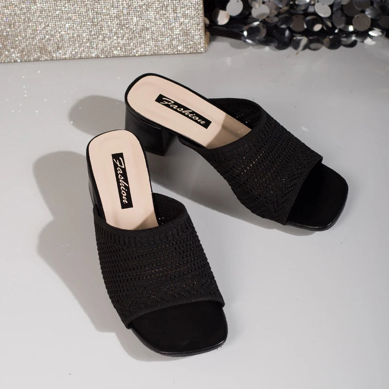 Women Slippers 2025 Summer Closed Toe Comfort Slippers Women Outdoor Fashion Fly Weave Sandals Women Medium Heel Slipper