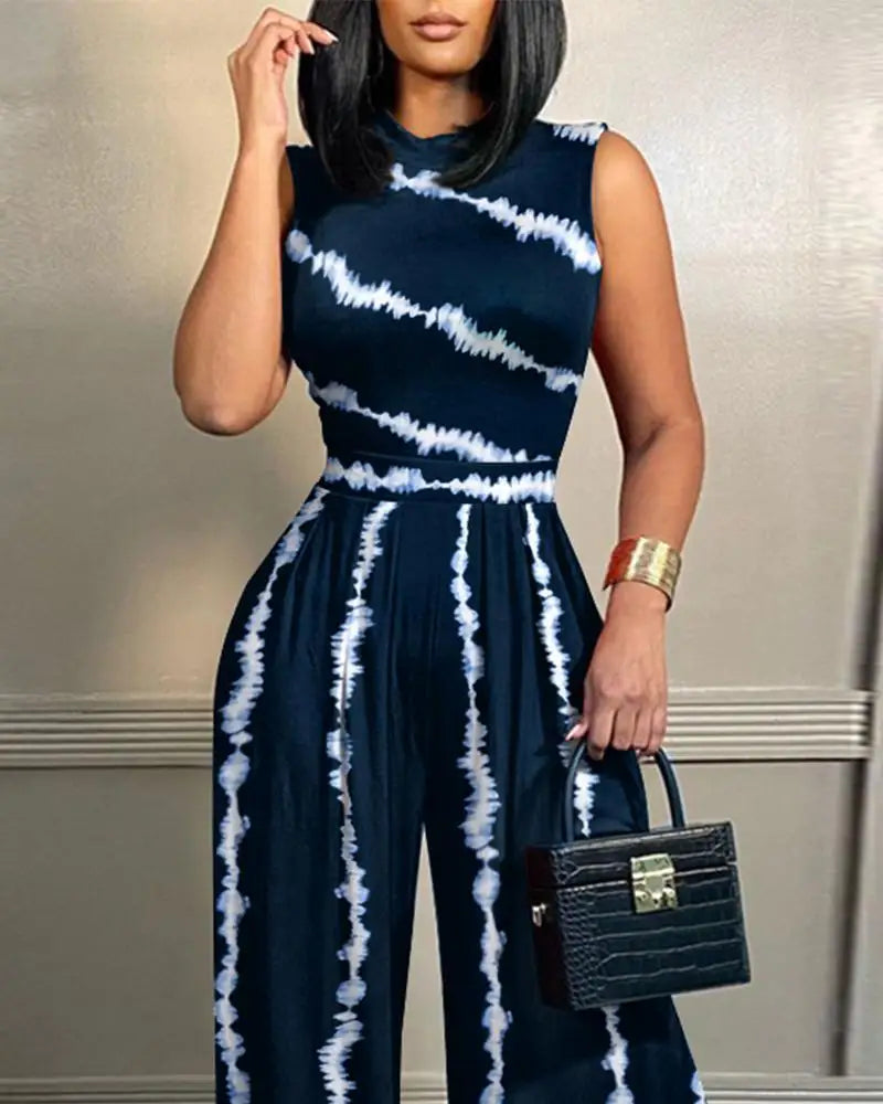 Elegant Women's Wide-leg Long Jumpsuit Spring And Summer Fashion Printed Sleeveless Casual Mid-waist Straight Jumpsuit Trousers