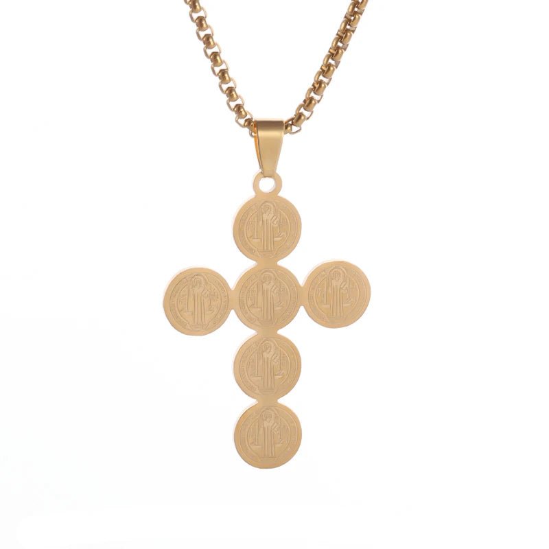 Stainless Steel Christian Saint Benedict Cross Pendant Necklace for Men's Fashionable Retro Religious Lucky Talisman Jewelry