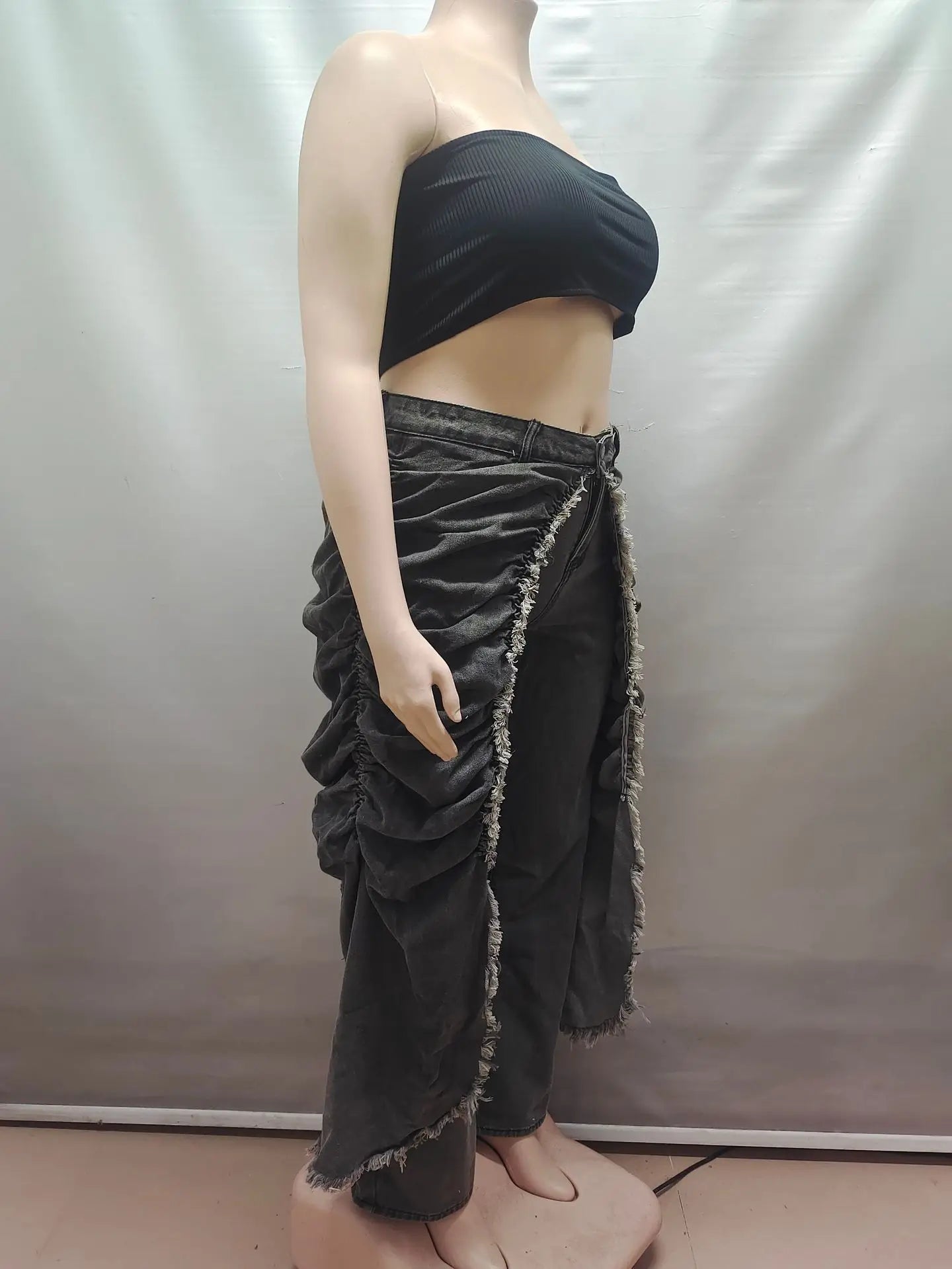 Women Solid Jeans Pants Denim Pleated Trousers Fuzzy Edge Full Lenth Mid Waist Zipper Straight Y2k Streetwear Casual 2026 Spring