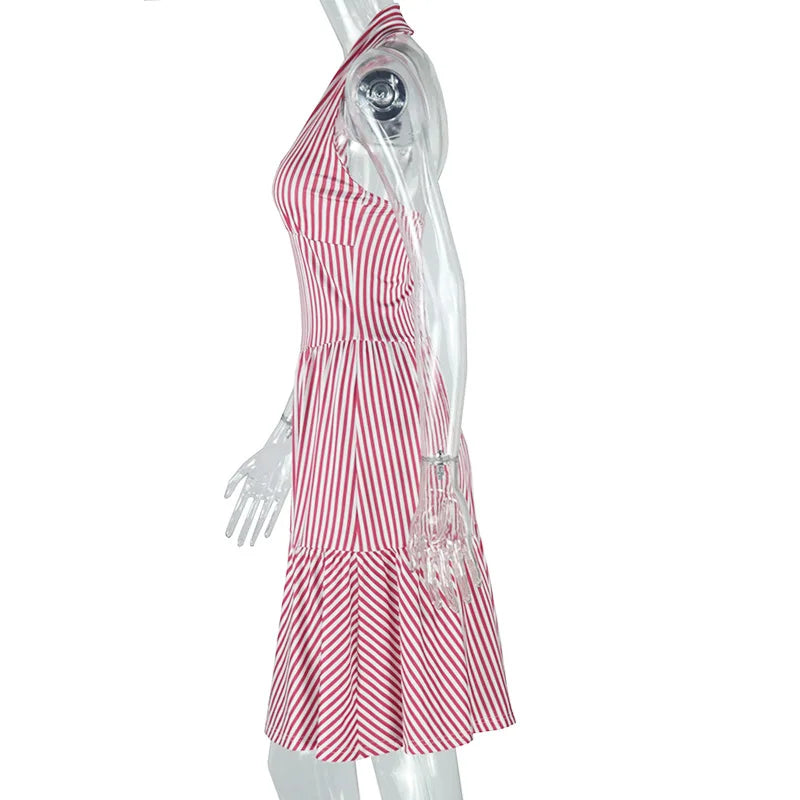 Women's Stripes Print Halterneck Sleeveless A-Line Mini Dress, Backless