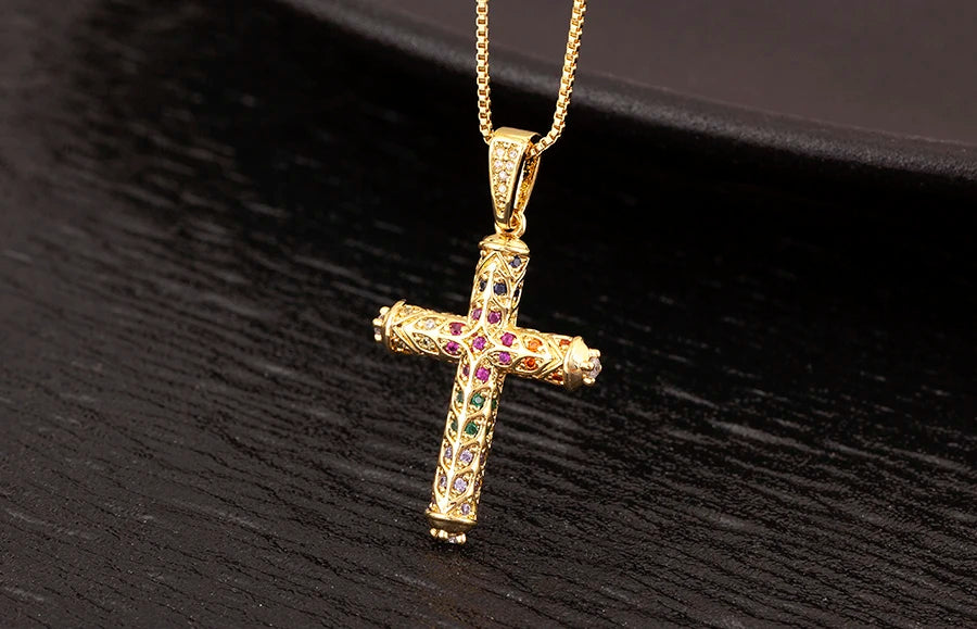 Nidin New Arrival Retro Column Shape Cross Pendant Necklace For Female Male Irregular Geometric Shine Zircon Jewelry Accessories