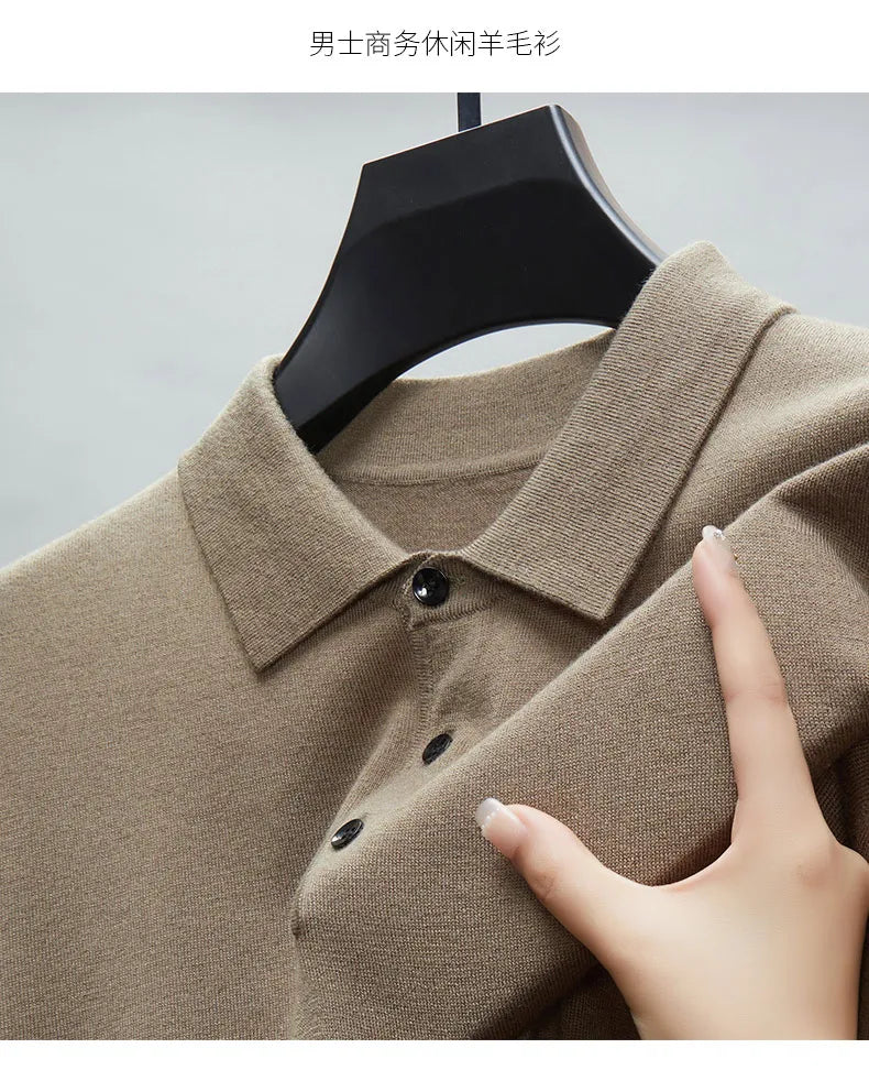 Men's Fine Wool Sweater Polo Collar Pullover Spring Autumn New Cashmere Knitwear Smart Casual Loose Men's Shirts Warm Soft Tops