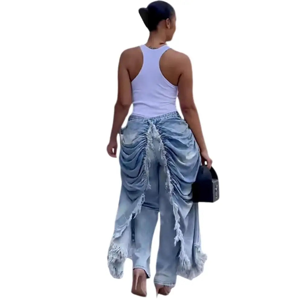 Women Solid Jeans Pants Denim Pleated Trousers Fuzzy Edge Full Lenth Mid Waist Zipper Straight Y2k Streetwear Casual 2026 Spring