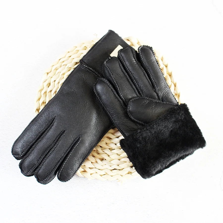 Winter Thickened Children's Sheepskin Fur Gloves Boys and Girls Windproof Warm Students Cold-Proof Leather Finger Gloves