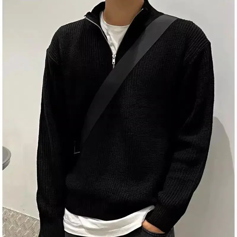 American Fashion Brand Design Korean Style Stand Collar Half Zipper Sweater Men's Temperament Versatile Knitted Sweater