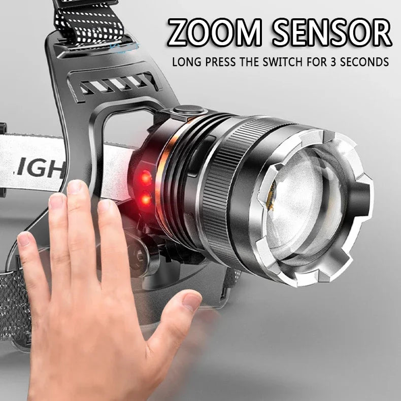 Ultra Bright White Laser LED Headlight Wave Sensing Zoom Flashlight Rechargeable Outdoor Night Fishing Head Mounted Headlight